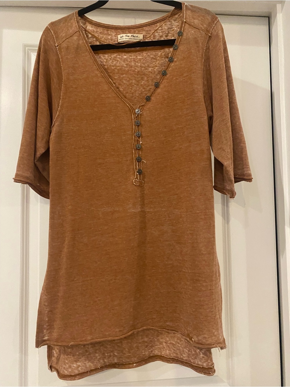 We The Free Burnt Orange Button-Detail V-Neck Short Sleeve Top